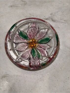 Vintage St. Clair Art Glass Ashtray 5” Pink Purple Iridescent Flower Off Center